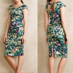 Tracy Reese ANTHROPOLOGIE Dress Womens 6 Blue Floral Dappled Oasis Ruched Silk